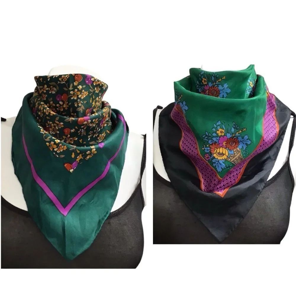 Vintage Floral Silk Scarf Bundle With Black And Green Borders
